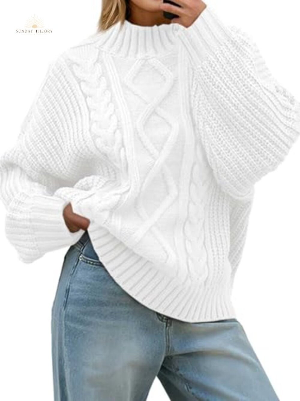 Oversized Cable Knit Button Mock Neck Turtleneck Chunky Pullover Sweater